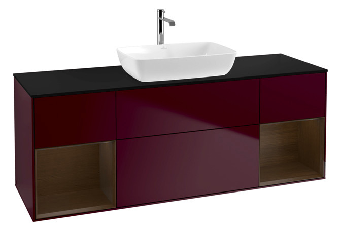 V&B Waschtisch-Unterschrank Wandbeleuchtung Finion 160cm, Abdeckplatte black matt, Regal Walnut Veneer, Peony Matt