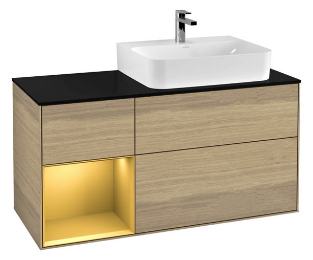 V&B Waschtisch-Unterschrank Abdeckplatte Glass Black Matt Finion 120cm, Regal links Gold matt, Oak Veneer