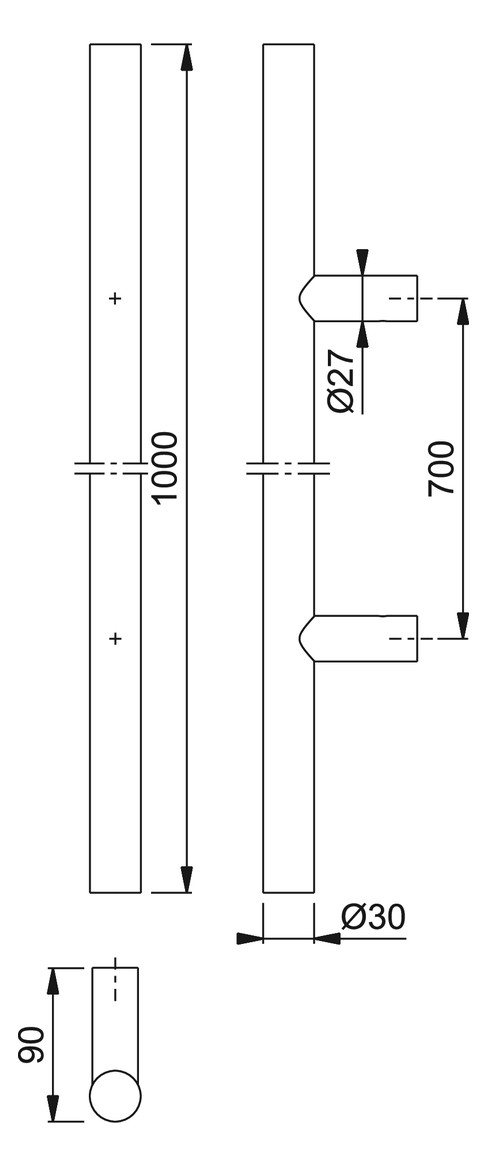 Bild HOPPE Stoßgriff E5011, BA 700mm, L 1.000mm, Durchmesser 30mm, verdeckt verschraubt, schwarz matt-1