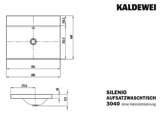 Kaldewei Aufsatz-Waschtisch SILENIO 3040, 60 x 46 x 4 cm, cool grey 70, Überlauf, ohne Hahnloch