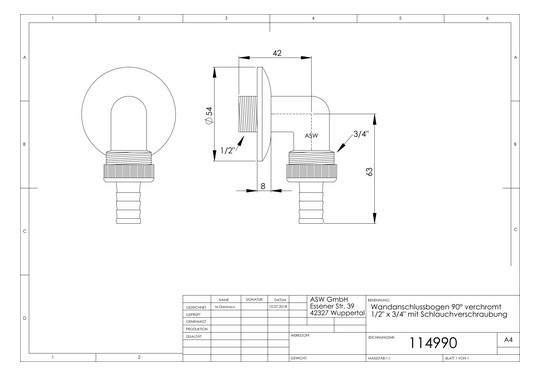 ASW Wandanschlussbogen 1/2" x 3/4", 90°, Messing verchromt, mit Schlauchverschraubung