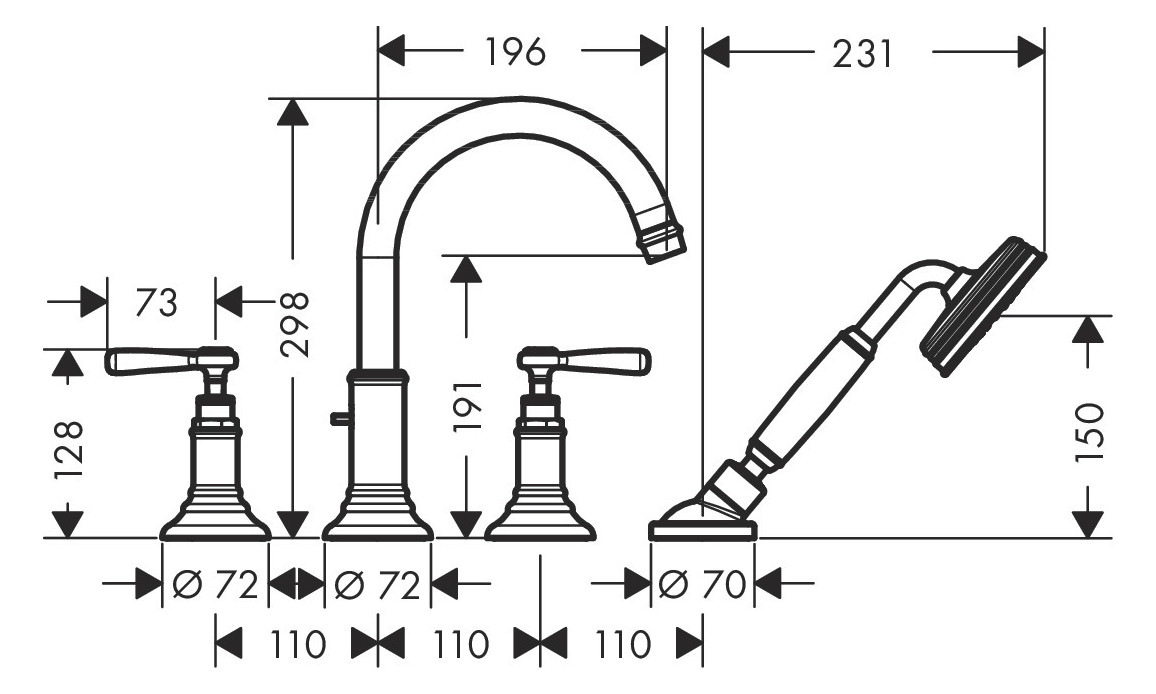hansgrohe Fertigmontageset Axor Montreux 4-Loch-Wannenrandarmatur, mit Hebelgriffen, brushed red gold