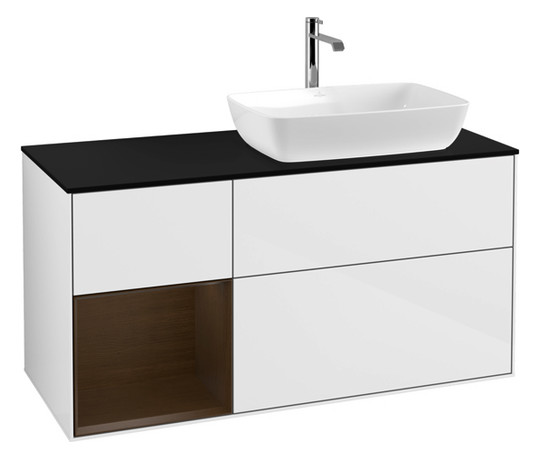 V&B Waschtisch-Unterschrank Finion 120cm, Abdeckplatte black matt, Regal Walnut Veneer, Glossy white lacquer