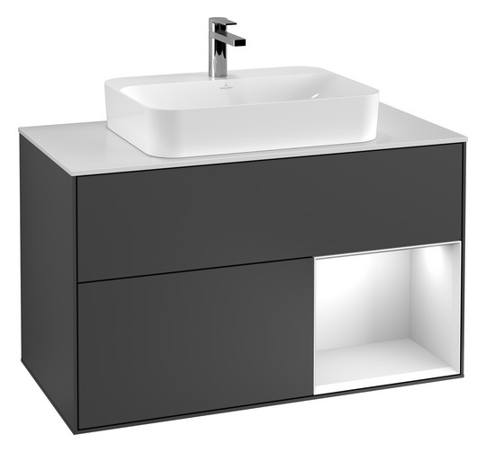 V&B Waschtisch-Unterschrank Wandbeleuchtung Finion 100cm, Abdeckplatte black matt, Regal rechts Glossy white lacquer, Peony Matt