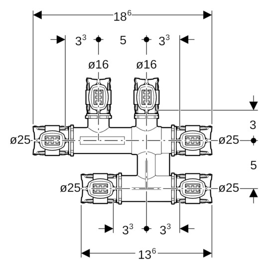 Geberit Kreuzungs-T-Stück FlowFit Ø 25 x 16 x 25 mm, 186 mm, mit Dämmbox