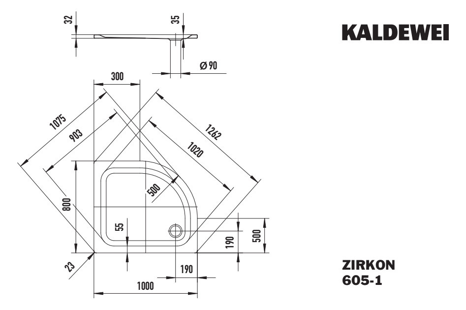 Kaldewei Duschwanne ZIRKON 605-1 100x80x3,5cm, Perl-Effekt, schwarz