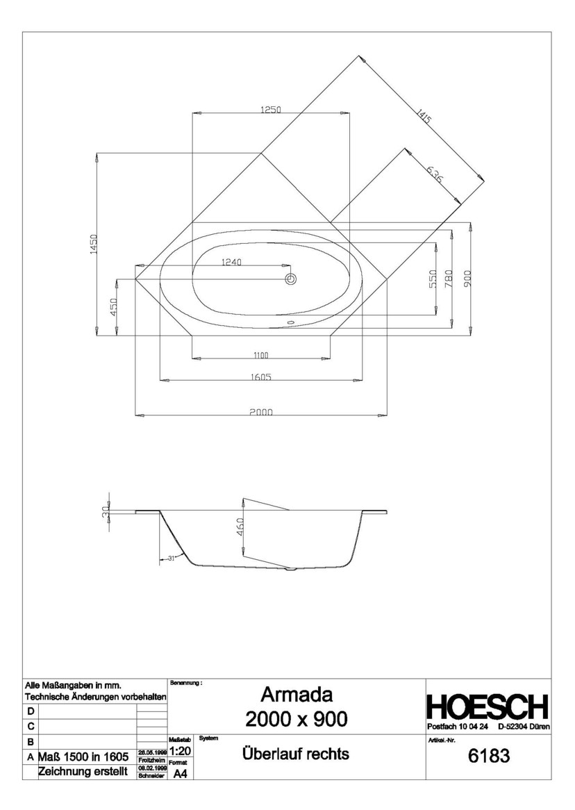 Hoesch 6-Eck-Badewanne Armada 200x90cm, Überlauf rechts, weiß