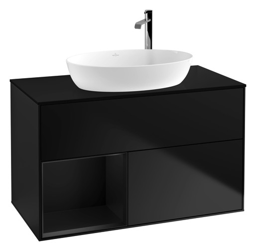 V&B Waschtisch-Unterschrank Finion 100cm, Abdeckplatte black matt, Regal Black matt lacquer, Black matt lacquer