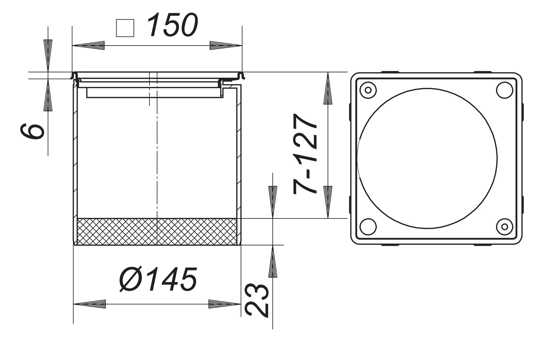 Dallmer Aufsatzrahmen VS 15 Serie 15 150 x 150 mm, mit Gewindeeinsätzen, seitenverstellbar