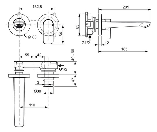 Ideal-Standard Fertigmontageset Connect Air für UP-Wand-Waschtisch-Einhebelmischer, 5I/min, Ausladung 185 mm, magnetic grey