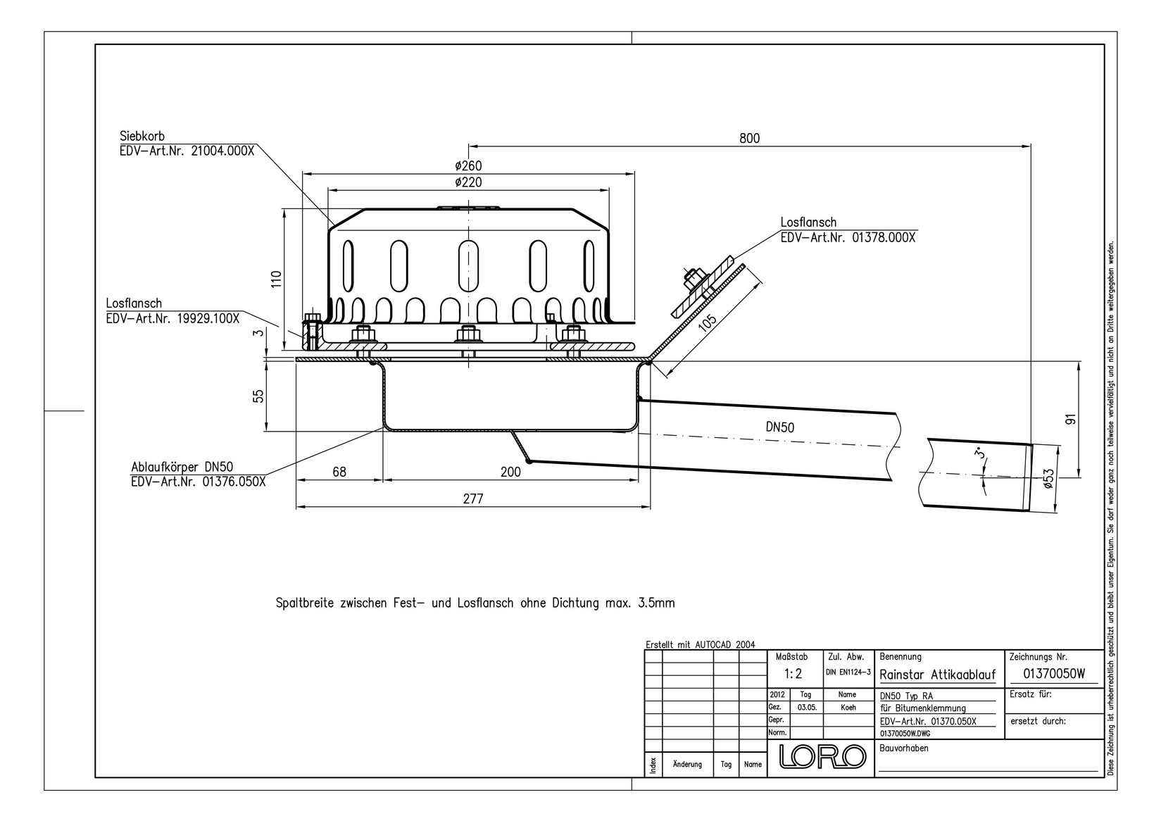 LORO Attika Ablauf Rainstar Serie 79 (RA) Klemmflansch 45°, für Bitumen-Dachabdichtungsbahnen, DN 50, Hauptentwässerung