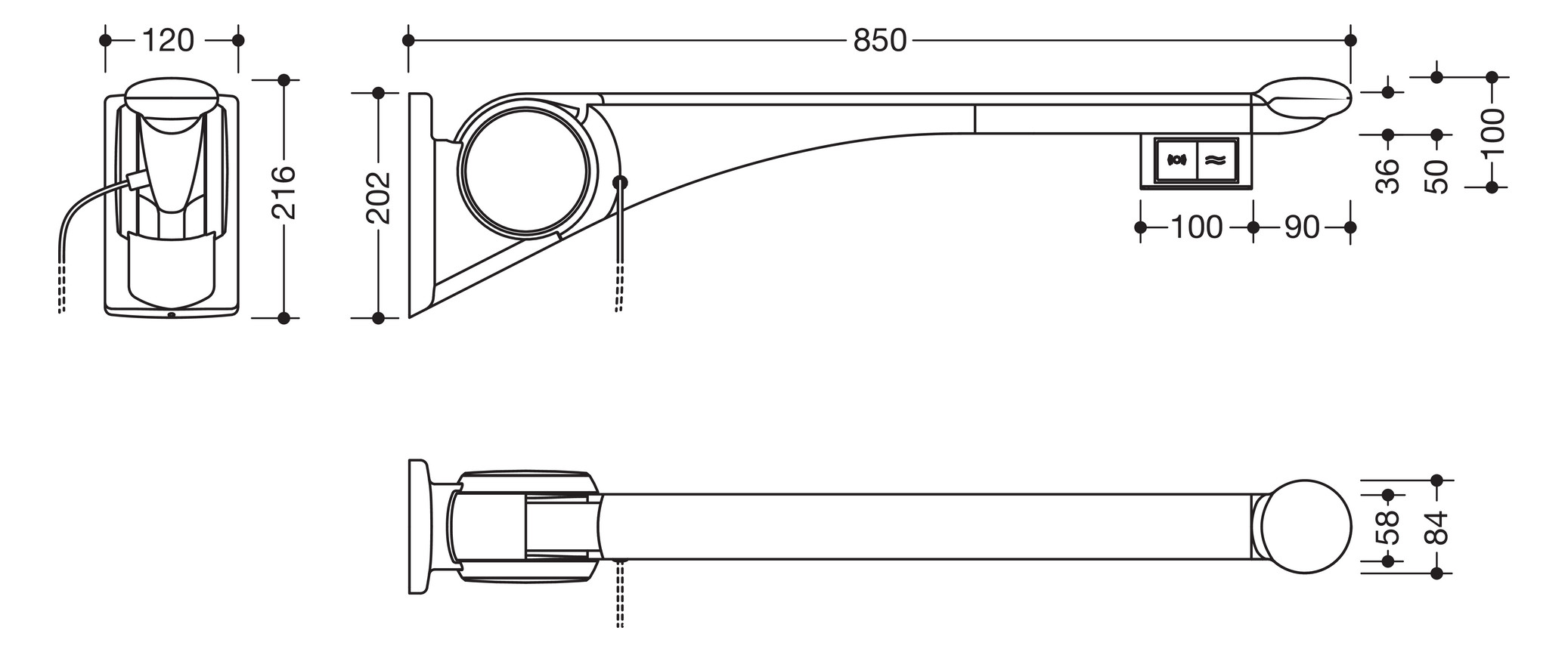 HEWI Stützklappgriff 802 LifeSystem Premium 850 mm, weiß hochglanz/weiß matt, Spülauslösung, Funktionstaste links