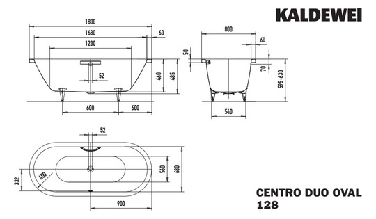 Kaldewei Badewanne CENTRO DUO oval 128 180x80cm, Griffloch, alpinweiß matt