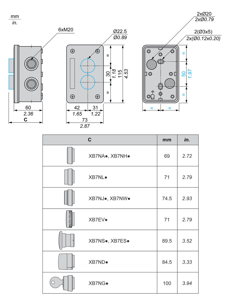 Aufbaugehäuse Kst 2f Ø22,5mm IP54 73x115x52mm