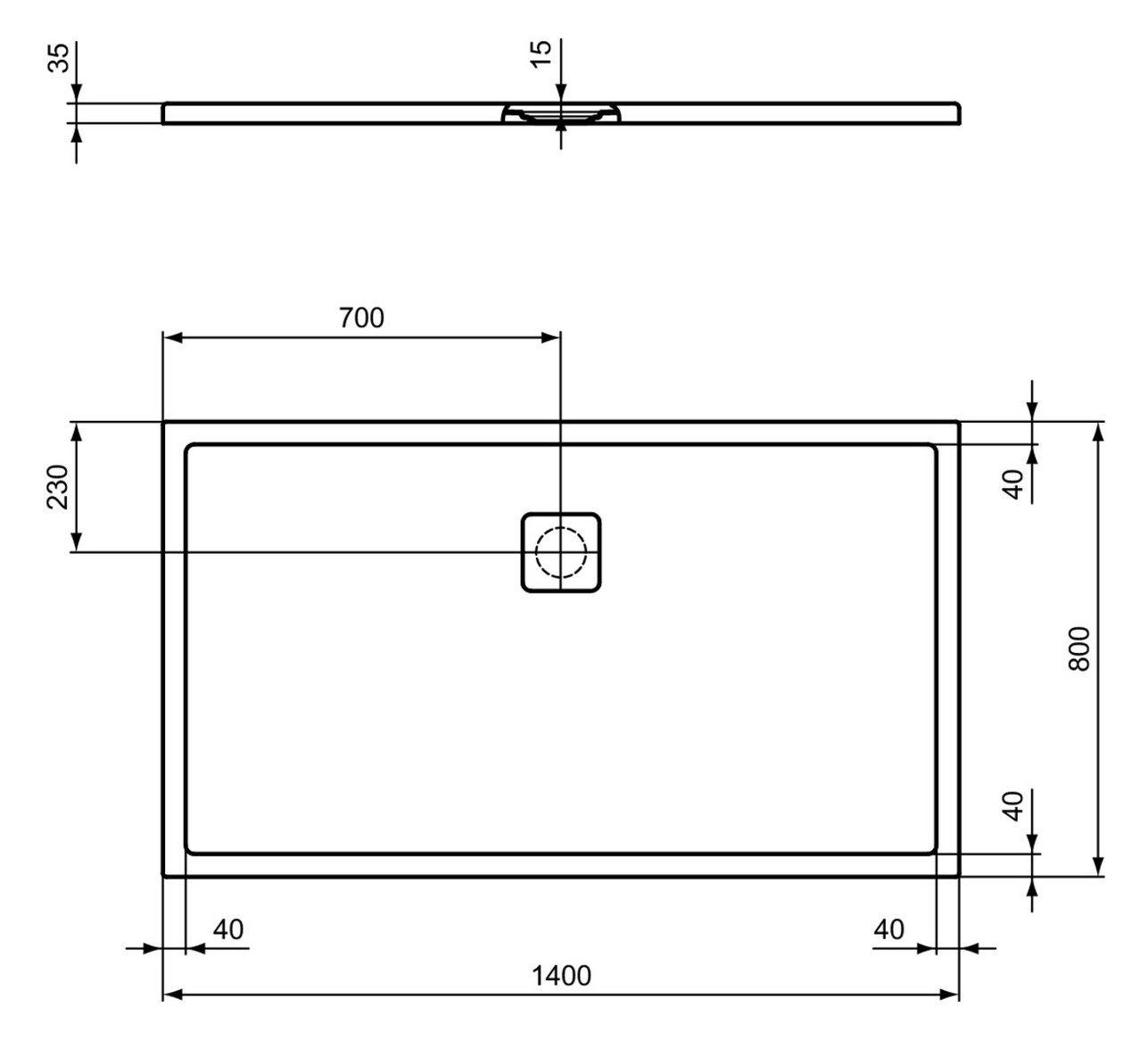 Ideal-Standard Rechteck-Brausewanne Ultra Flat Evo 140 x 80 x 3,5 cm, weiß alpin, Ablauf an langer Seite