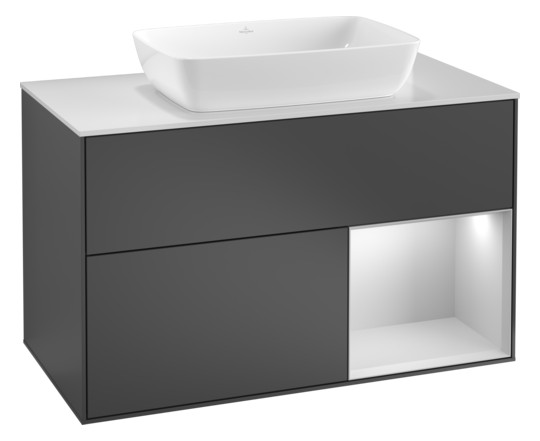 V&B Waschtisch-Unterschrank Wandbeleuchtung Finion 100cm, Abdeckplatte black matt, Regal Olive matt lacquer, Anthracite matt