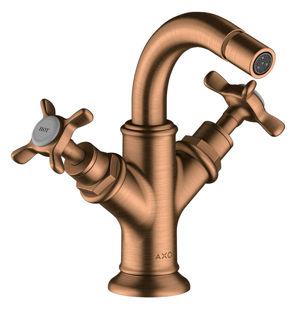 hansgrohe 2-Griff-Bidet-Armatur Axor Montreux Ausladung 104mm, mit Kreuzgriffe, Zugstangen-Ablaufgarnitur, brushed bronze