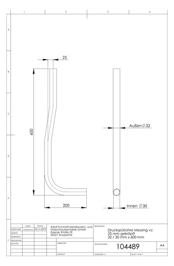 ASW Druckspülrohr 32/30x200x600mm, DN 25, Messing verchromt, 45mm gekröpft