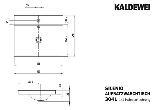 Kaldewei Aufsatz-Waschtisch SILENIO 3041, 90 x 46 x 4 cm, cool grey 90 Perl-Effekt, ohne Überlauf, 1 Hahnloch