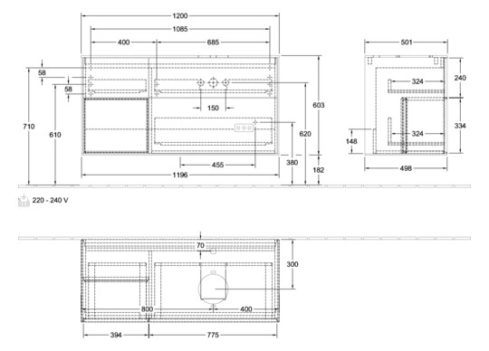 V&B Waschtisch-Unterschrank Finion 120cm, Abdeckplatte black matt, Regal Olive matt lacquer, Glossy white lacquer