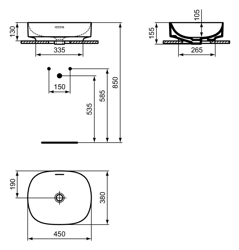 Ideal-Standard Waschtisch Linda-X 45x38x15,5cm, ohne Hahnloch, mit Überlauf, weiß IdealPlus