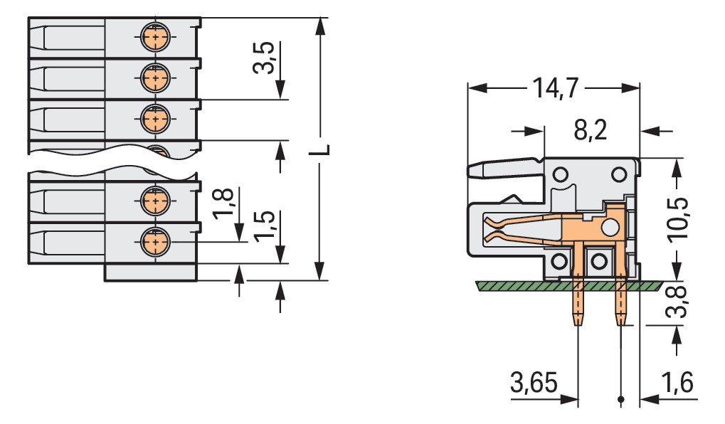 Platinenstecker Stift 9p Serie 734 lgr 1re 3,5mm Zinn Löt frei
