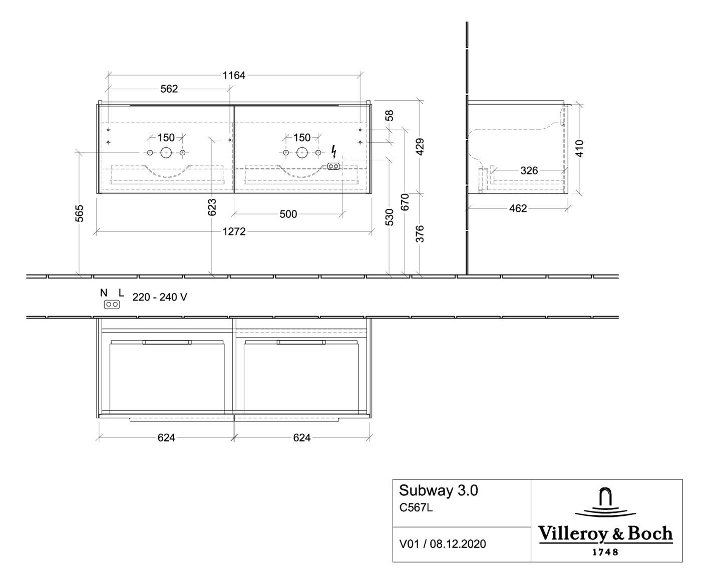 V&B Waschtisch-Unterschrank Subway 3.0 127,2x42,9x47,8cm, mit LED/Griff Aluminium glänzend, volcano black