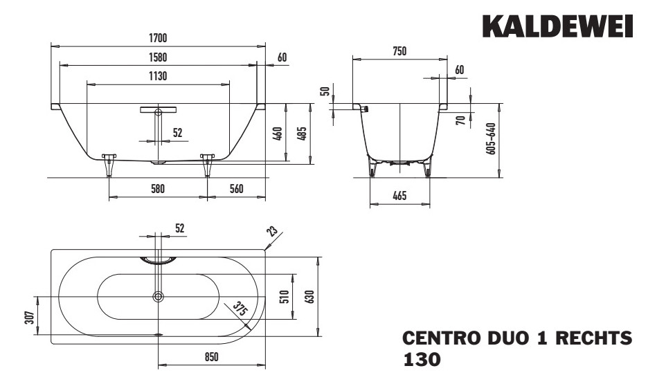 Kaldewei Badewanne CENTRO DUO 1 rechts 130 170x75cm, Griffloch, Perl-Effekt, Rutschhemmend, pergamon