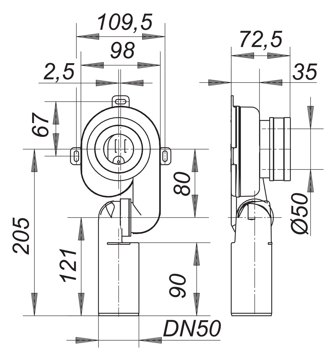 HL430-Urinal Absaugeform- Stück 0-90 verstellbar DN50