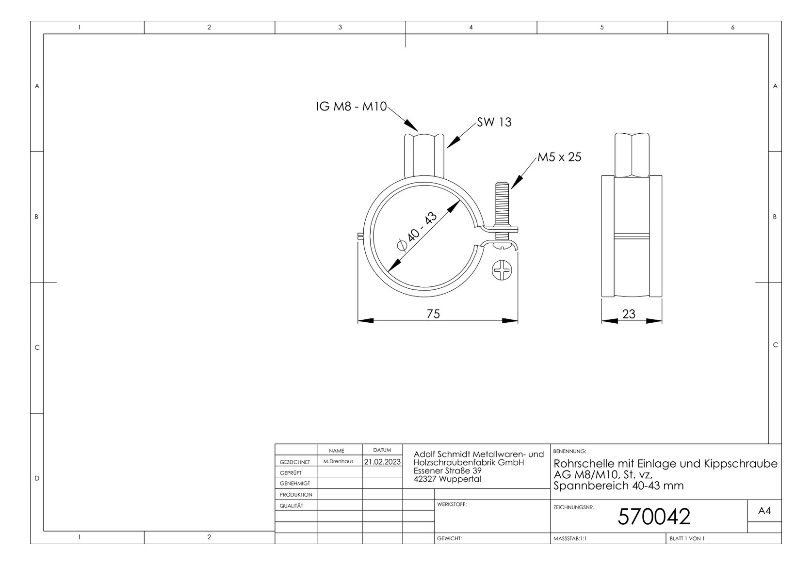 ASW Einhand-Schraubrohrschelle Spannbereich 40-43 mm, M 8/M 10, mit Einlage