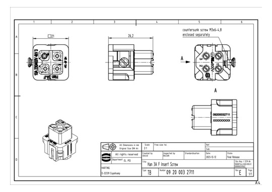 HART Buchseneinsatz 3polig   09200032711 