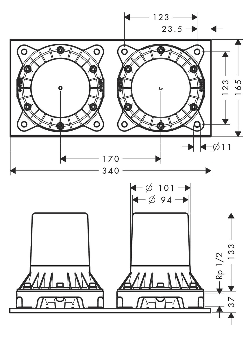 hansgrohe Grundkörper Axor Montreux DN 15, bodenstehend, für 2-Griff-Wannen-Armatur