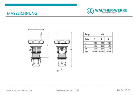 CEE-Stecker 5p 63A IP67 400V/rt 6h Schraubkl Kst Verschraubung