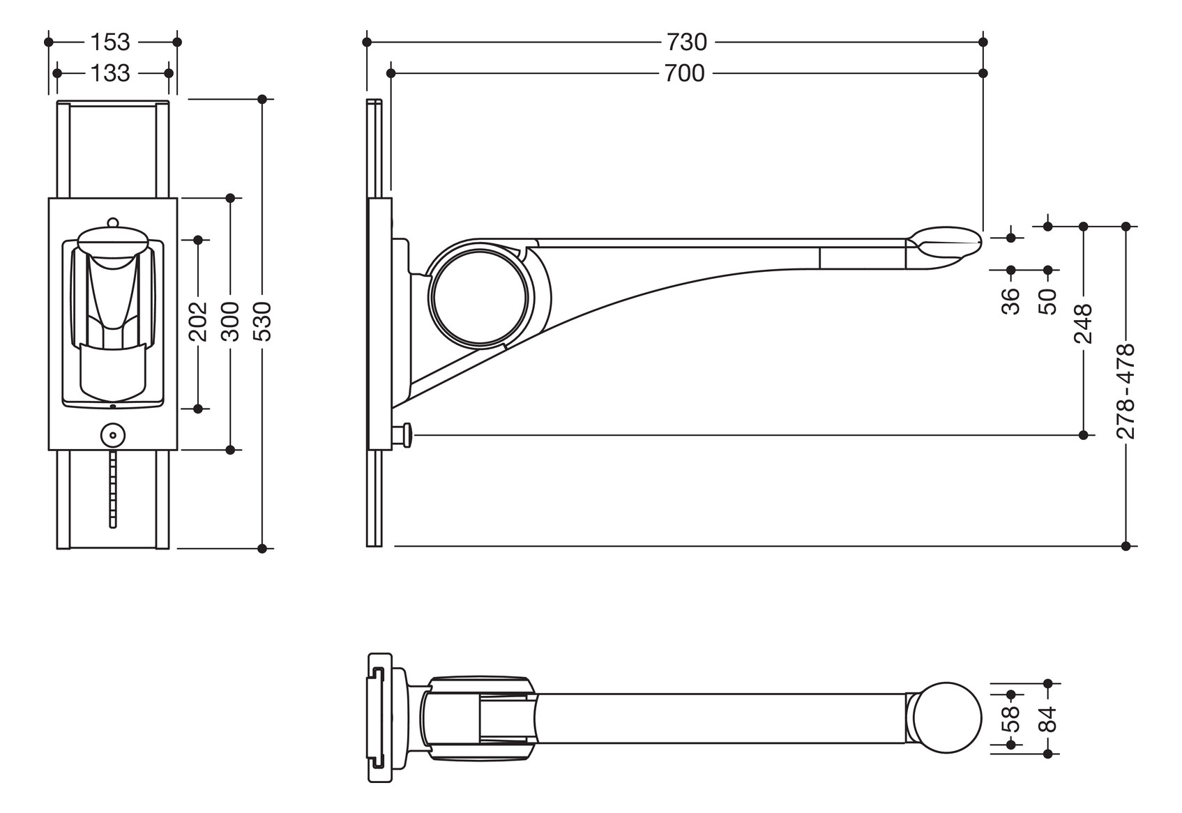 HEWI Stützklappgriff 802 LifeSystem Premium 700 mm, anthrazit hochglanz/anthrazit matt, mit Höhenverstellung