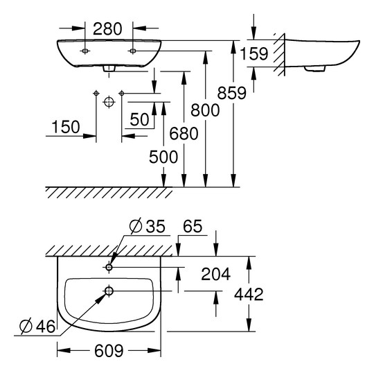 GROHE Waschtisch Bau Keramik 60,9 x 44,2 cm, 1 Hahnloch, mit Überlauf, wandhängend, alpinweiß