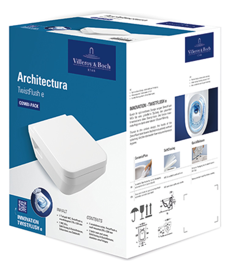 V&B Combi-Pack-Wand-Tiefspüler TwistFlush Architectura 37x53cm, oval, wandhängend, waagerecht, weiß