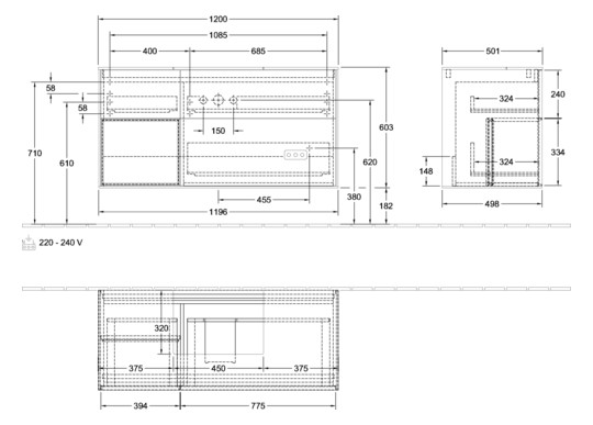 V&B Waschtisch-Unterschrank Finion 120cm, Abdeckplatte black matt, Regal links Olive Matt Lacquer, Walnut veneer