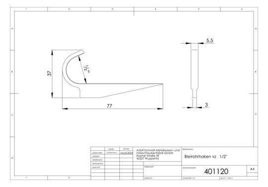 ASW Bleirohrhaken 1/2", Eisen verzinkt, mit geschmiedetem flachen Blatt