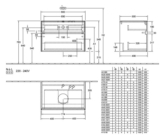 V&B Waschtischunterschrank Collaro 80x54,8x50cm, Waschtisch mittig, LED-Beleuchtung 5,7 W, white wood