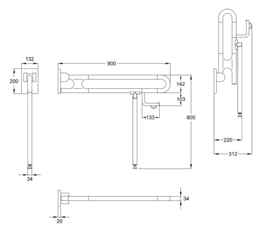 Normbau Stützklappgriff Nylon Care 800mm, 900 mm, Bodenstütze, Papierrollenhalter, schwarz