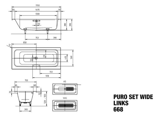 Kaldewei Badewanne PURO SET WIDE links 668 Griffloch, Antislip, manhattan, 170x75cm, Überlauf mittig