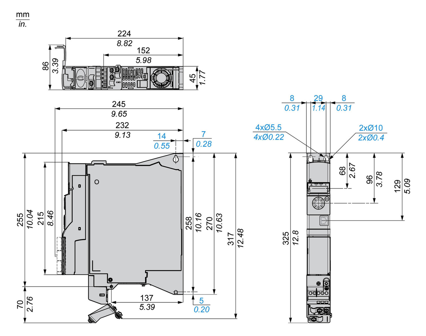 Frequenzumrichter lin=0,3 200-240V E1ph A3ph 599Hz 50/60Hz IP20 5%F 10%V