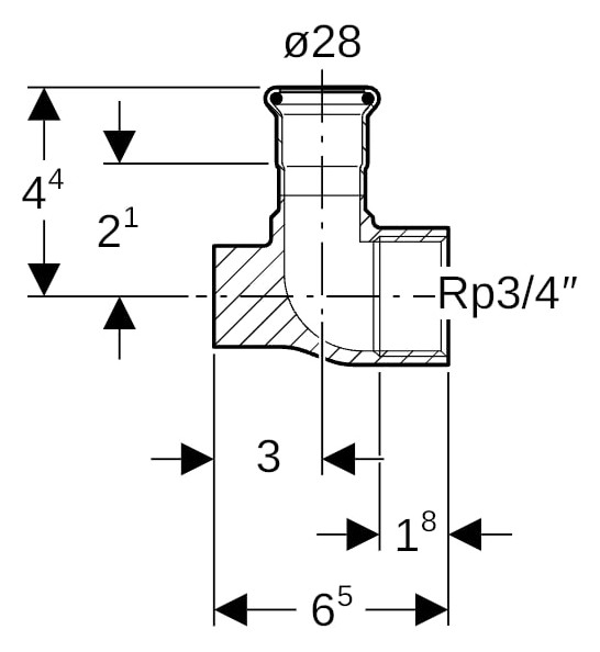Geberit Gas-Anschlusswinkel abgesetzt Mapress 90Grad, Kupfer, Ø 28 mm x Rp 3/4, Länge 65 mm