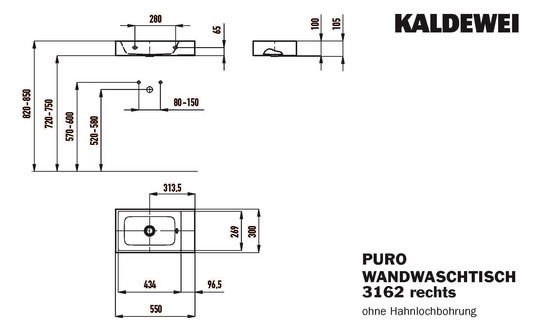 Kaldewei Wand-Handwaschtisch PURO 3162 55x30x10cm, ohne Überlauf/Hahnloch, rechts, Perl-Effekt, schwarz matt 100
