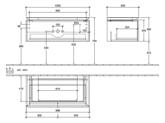 V&B Waschtischunterschrank Legato 100x38x50cm, Waschtisch mittig, mit LED-Beleuchtung, Stone Oak