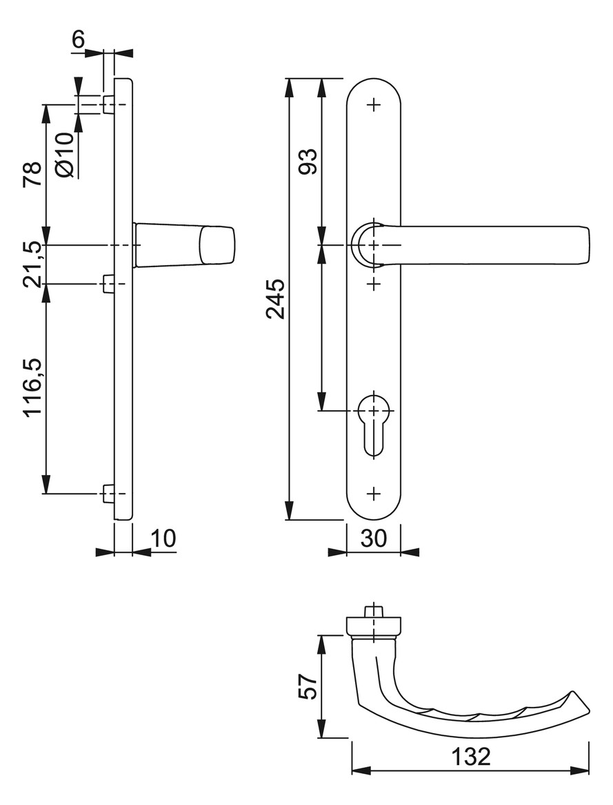 Bild HOPPE Halbgarnitur Liège 1540/3347N, Langschild, oval, Profilzylinder gelocht, Entfernung 92mm, Vierkant 8mm, Befestigungstechnik mit Stütznocken, grau, stahlfarbig, eloxiert, Innen-2