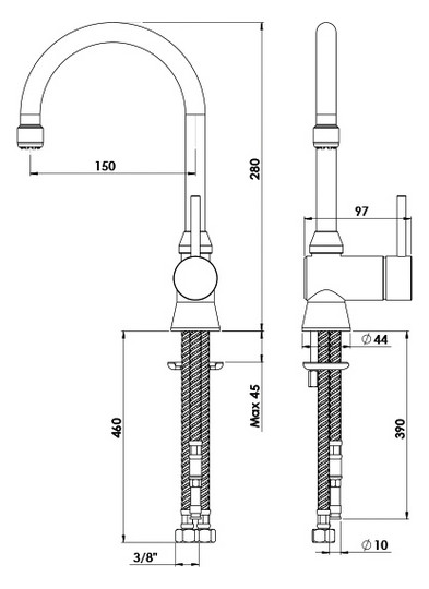 KWC Waschtisch-Einhebelmischer Kuri Basic verchromt, Ausladung 150mm, Niederdruck, Schwenkauslauf 360 GradC
