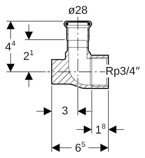 Geberit Gas-Anschlusswinkel abgesetzt Mapress 90Grad, Kupfer, Ø 28 mm x Rp 3/4, Länge 65 mm