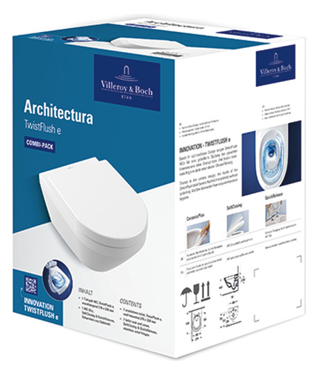 V&B Combi-Pack-Wand-Tiefspüler Architectura 37x53cm, oval, wandhängend, Abgang waagerecht, mit WC-Sitz, weiß