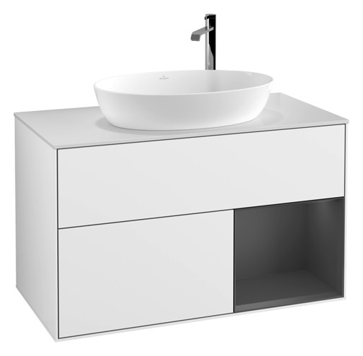 V&B Waschtisch-Unterschrank Finion 100cm, Abdeckplatte white matt, Regal Anthracite matt lacquer, Glossy white lacquer
